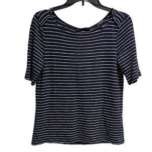 Talbots Navy & White Stripe Shirt With Back Dart, Grommets & Bow Size Small